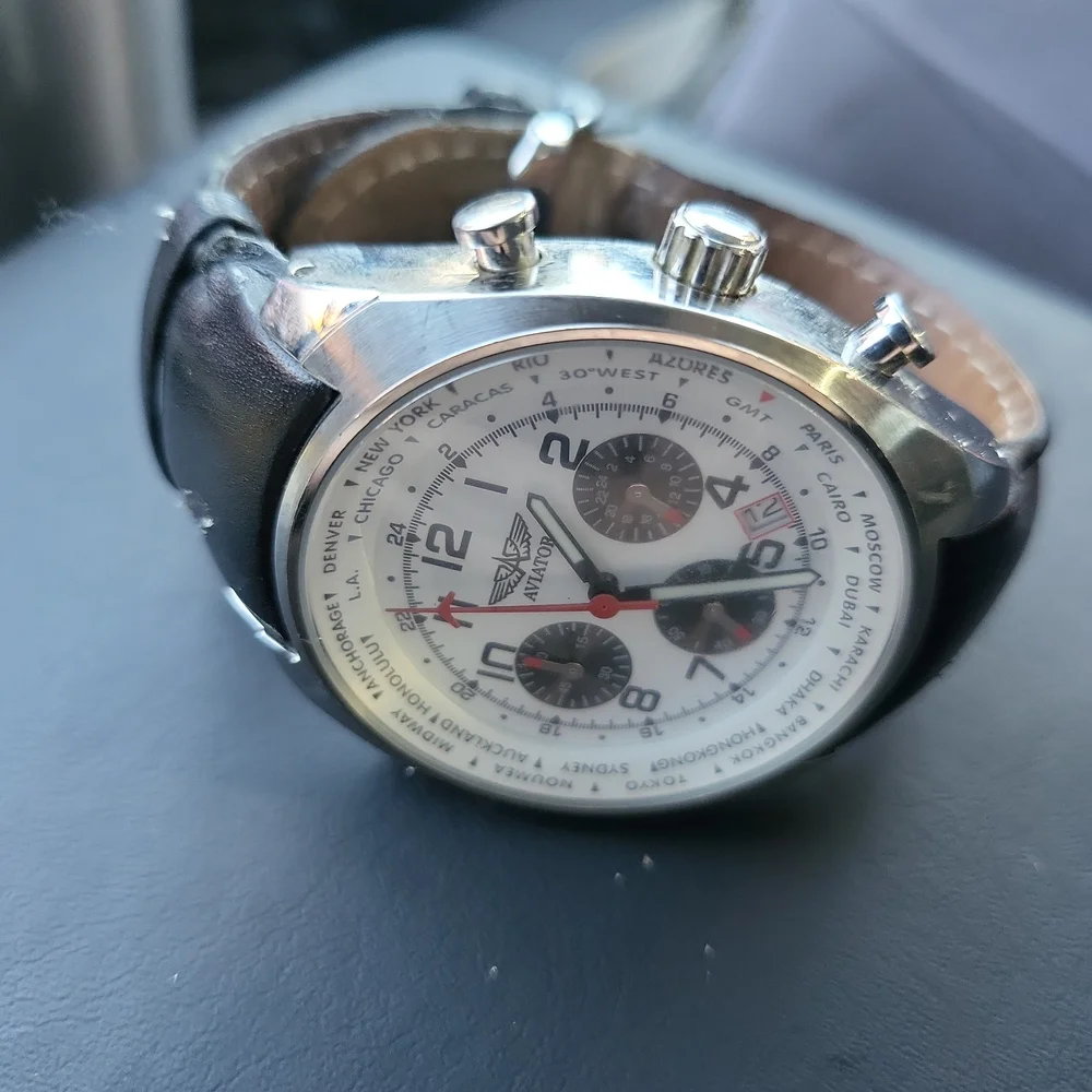 Aviator Chronograph Watch, Model Number AVW5839G4, 6 x Hands Dial, Leath…